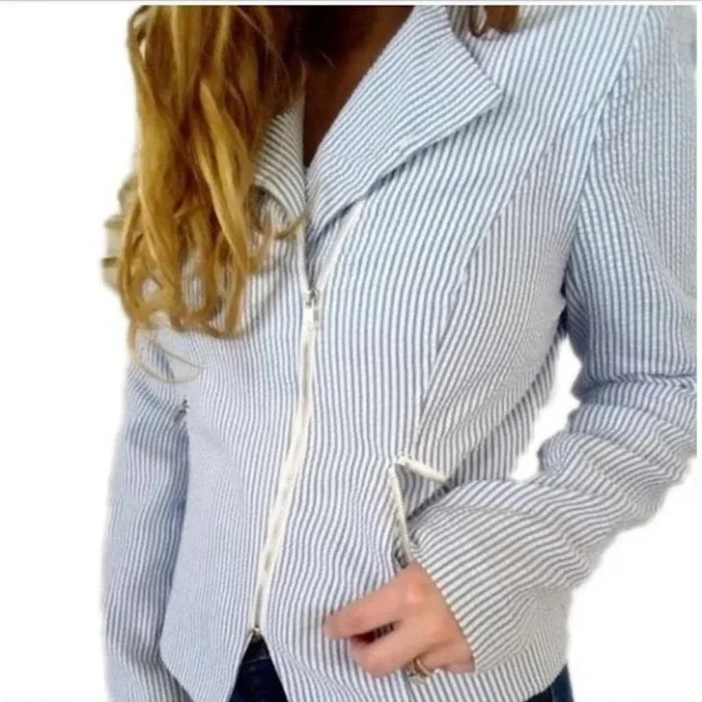 Women's M Kate & Rosy Moto Blazer Jacket Blue White Striped Textured